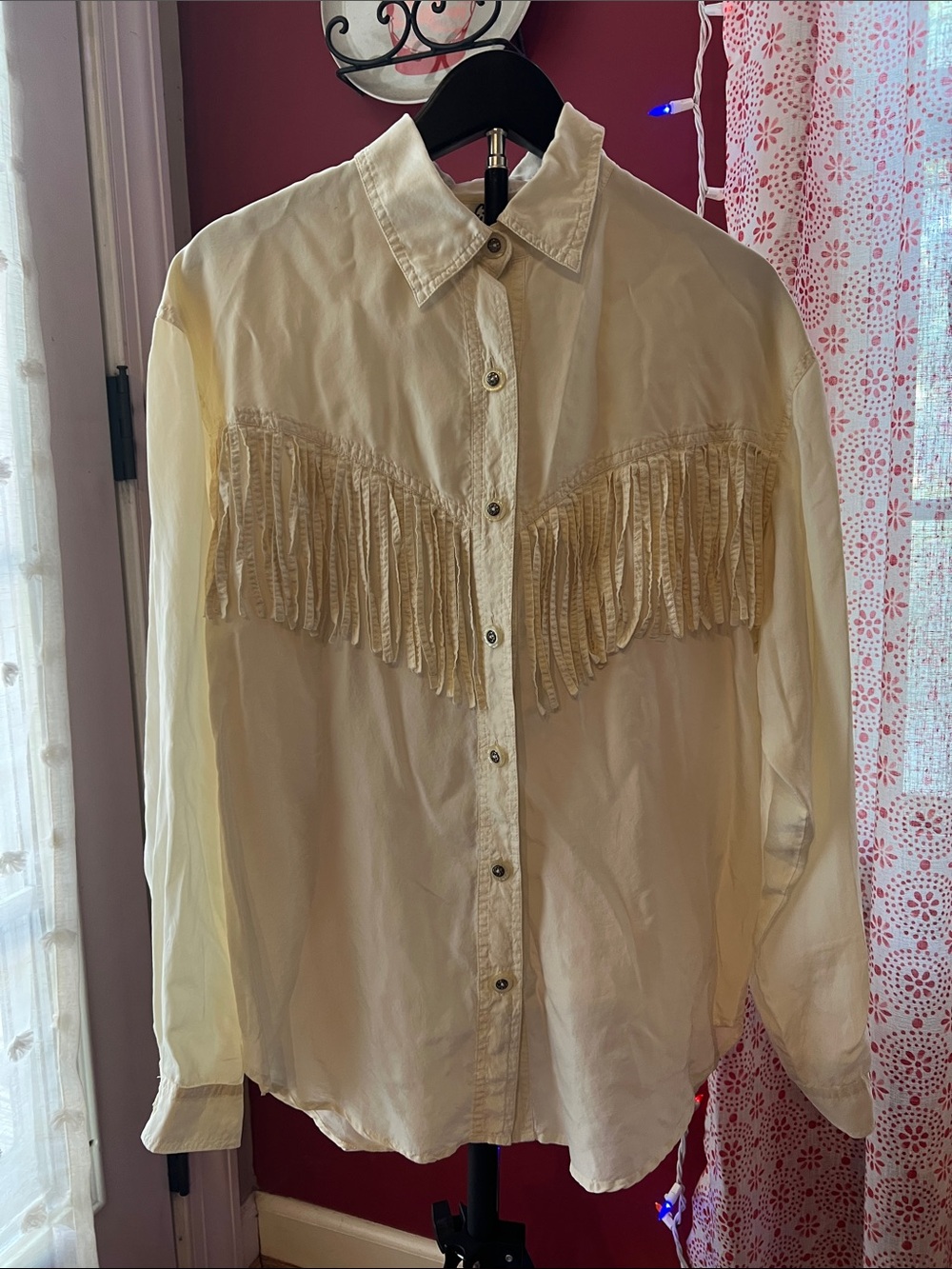 100% Silk Fringed Western Button-Up Shirt in Cream